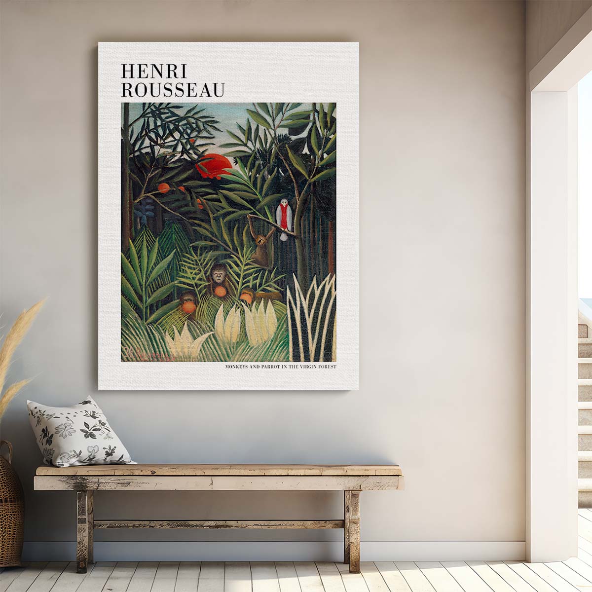 Rousseau's Illustrated Acrylic Painting of Monkeys and Parrot in Forest by Luxuriance Designs, made in USA