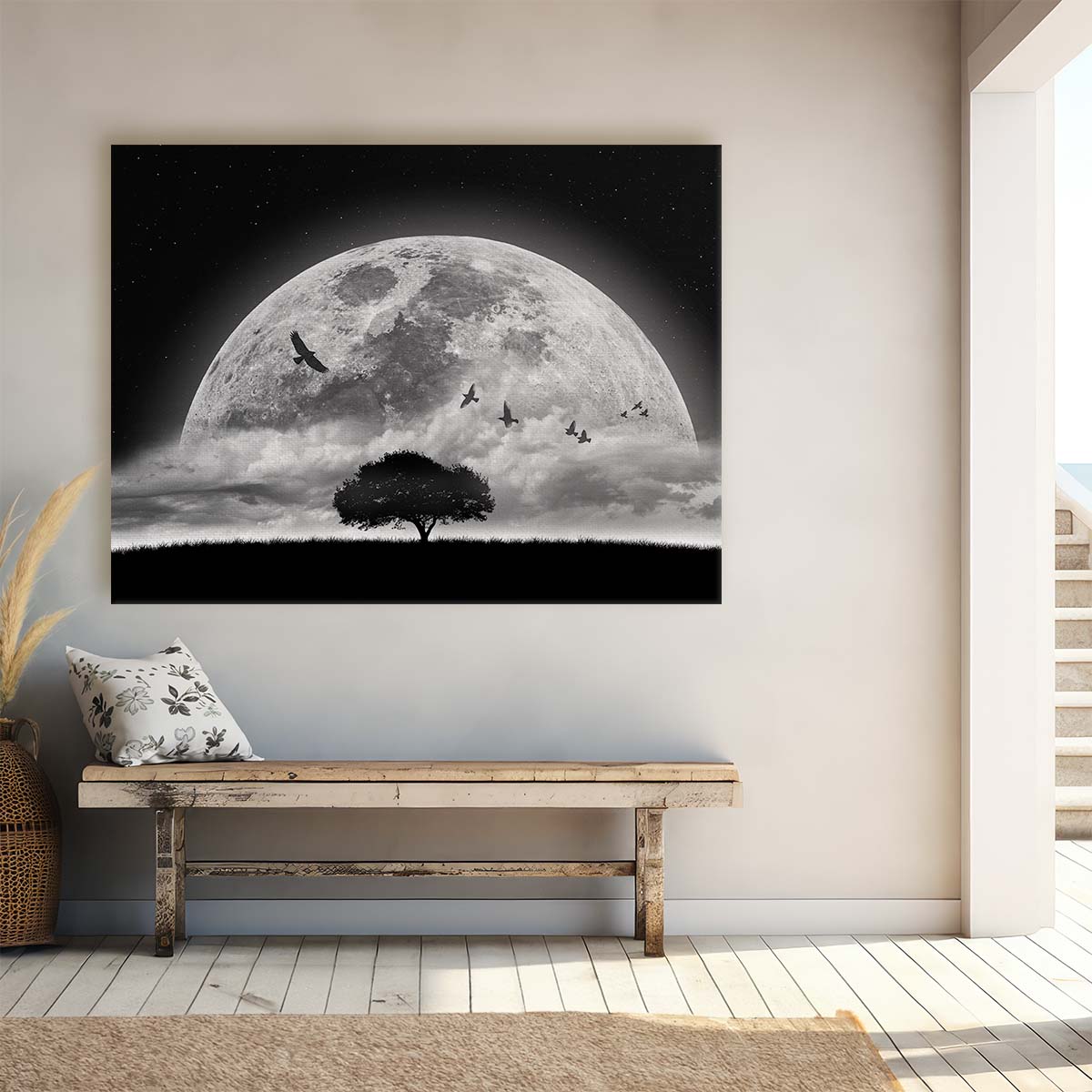 Surreal Moonlit Sky & Birds Montage Wall Art by Luxuriance Designs. Made in USA.