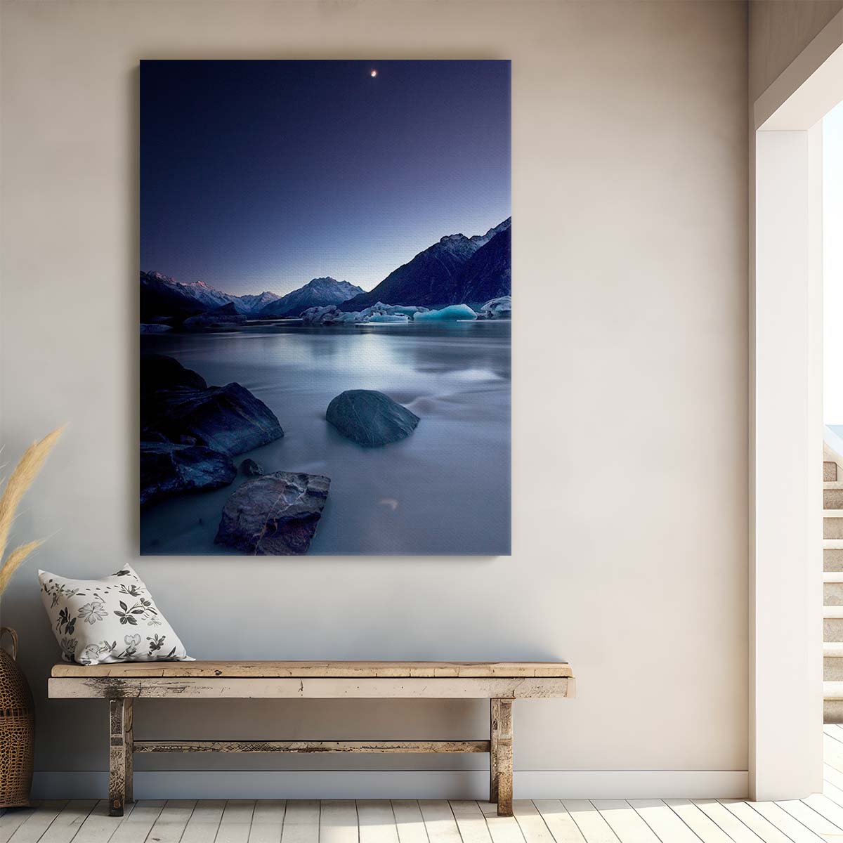 Blue Moonlit New Zealand Seascape Photography Serene Mountain and River Landscape by Luxuriance Designs, made in USA