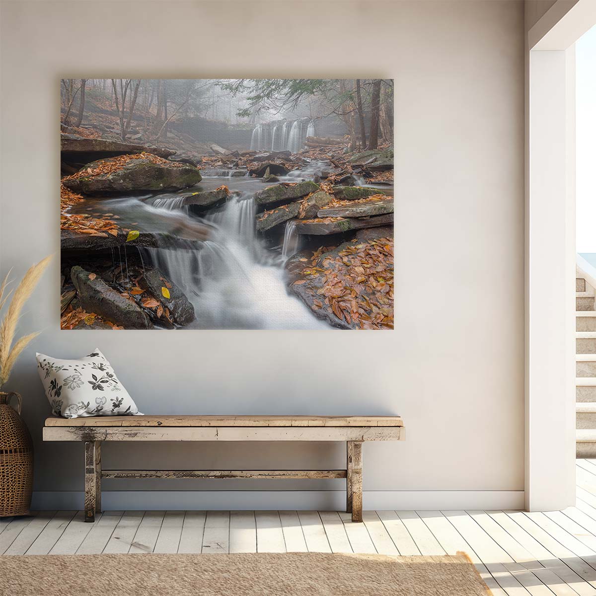 Autumn Morning Mist Waterfall in Ricketts Glen Wall Art by Luxuriance Designs. Made in USA.