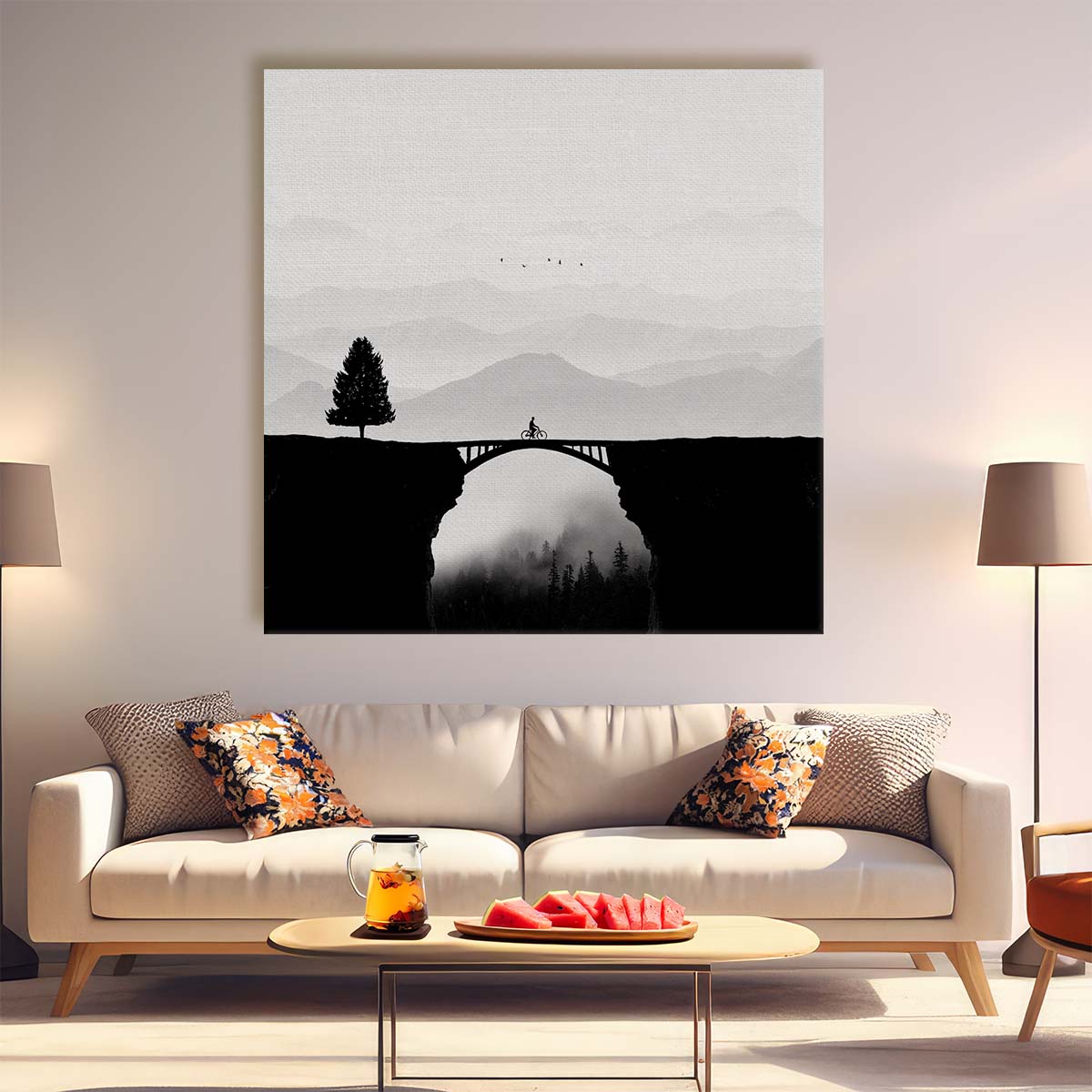 Misty Mountain Bike Adventure in Monochrome Landscape Photography Wall Art by Luxuriance Designs. Made in USA.
