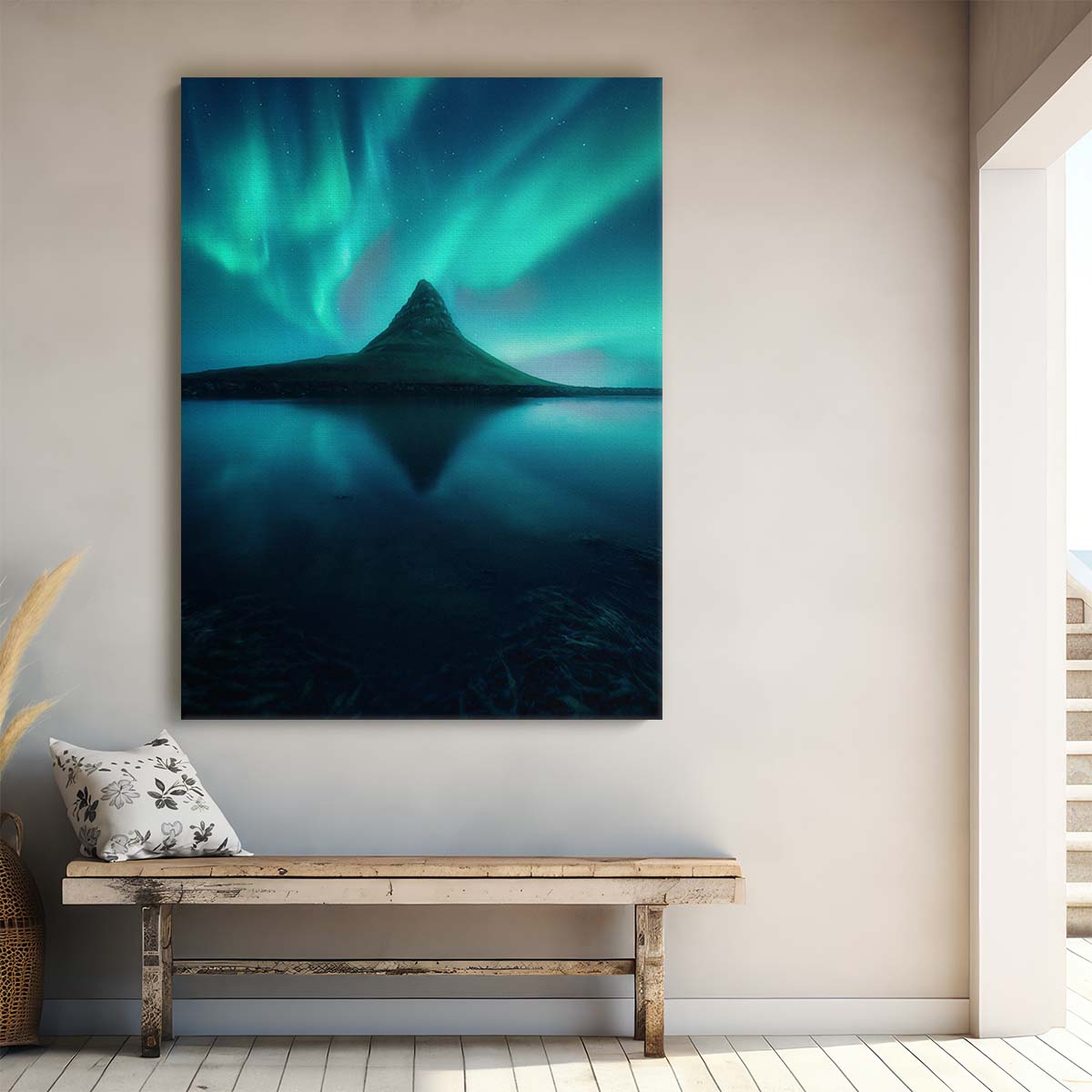 Icelandic Aurora Borealis Reflection Photography, Serene Snowy Nightscape by Luxuriance Designs, made in USA