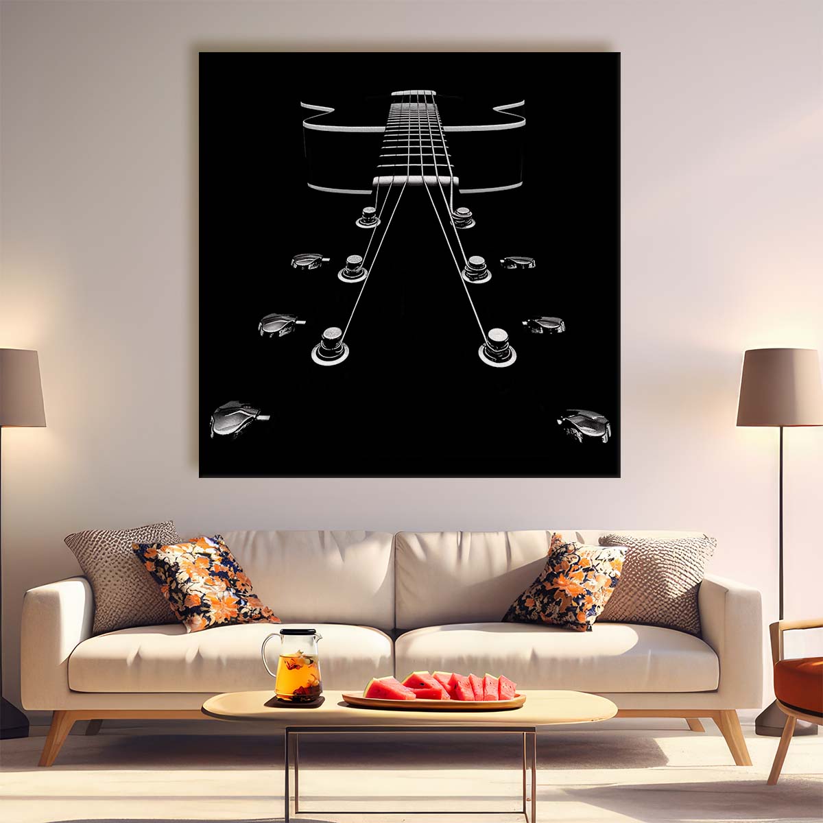 Abstract Monochrome Guitar Sharp Contrast Still Life Photography Wall Art by Luxuriance Designs. Made in USA.