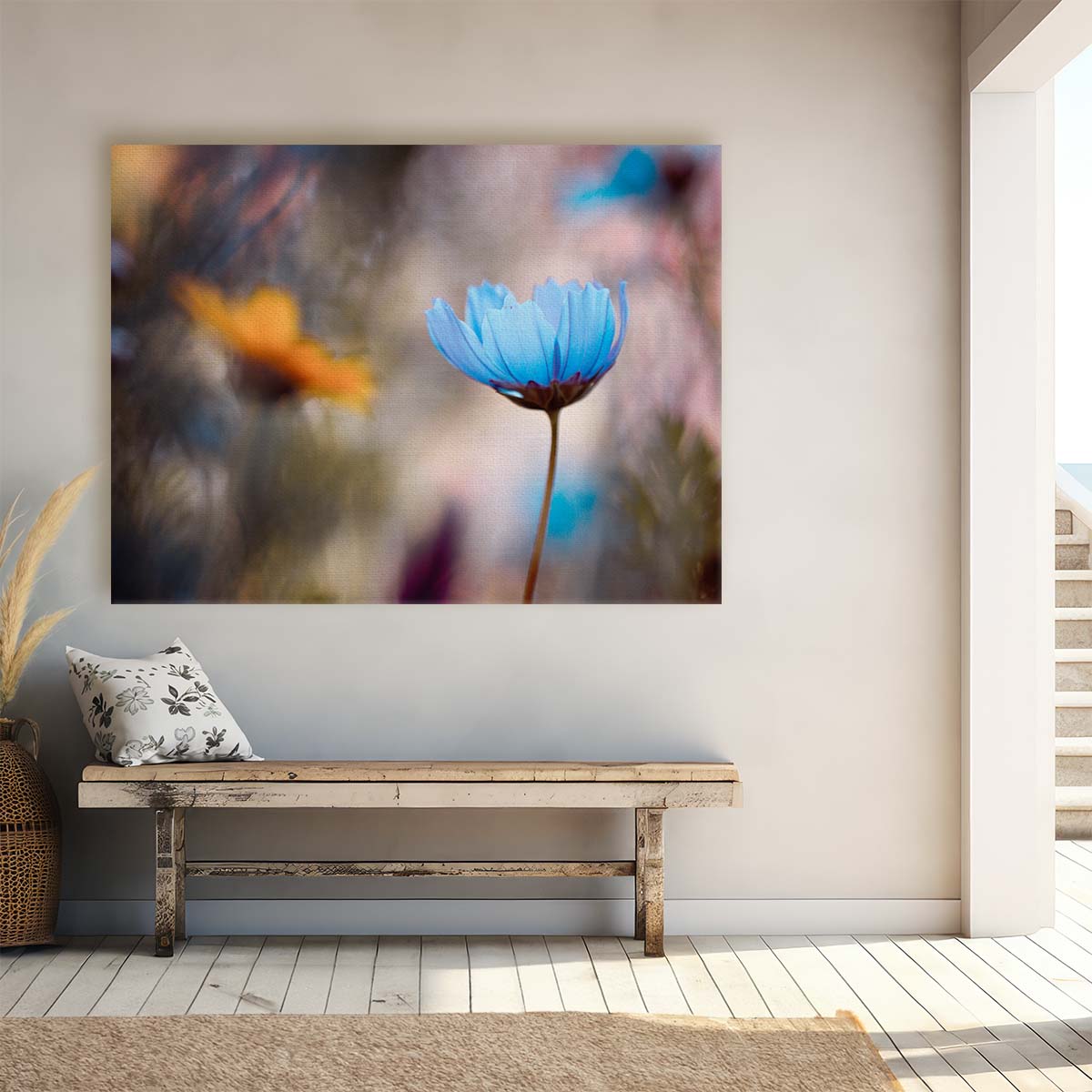 Blue Floral Duo Macro Garden Bokeh Wall Art by Luxuriance Designs. Made in USA.