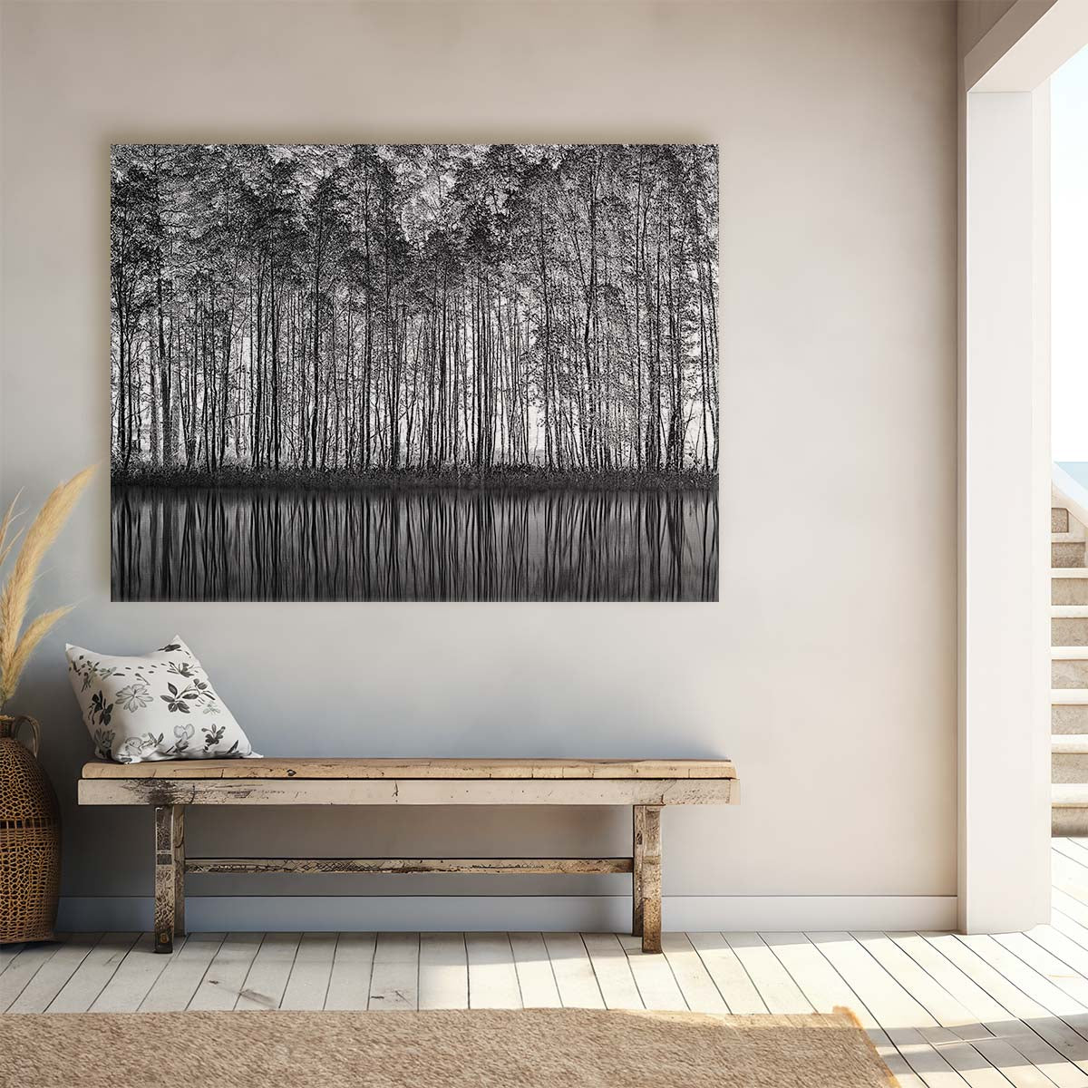 Serene Monochrome Forest Reflection Landscape Wall Art by Luxuriance Designs. Made in USA.