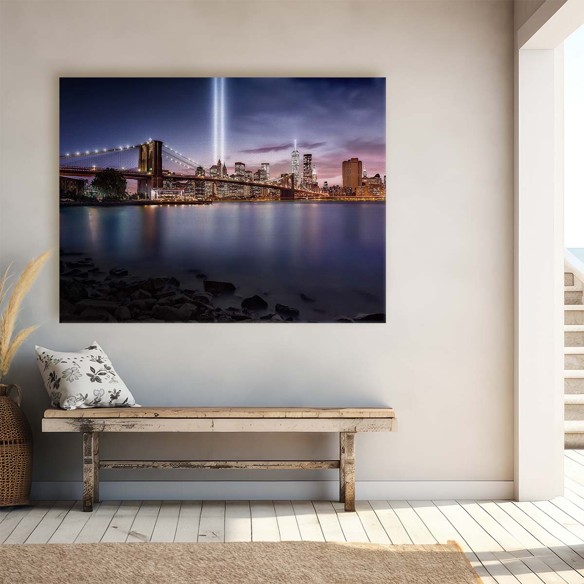 Iconic Brooklyn Bridge NYC Night Cityscape Wall Art by Luxuriance Designs. Made in USA.