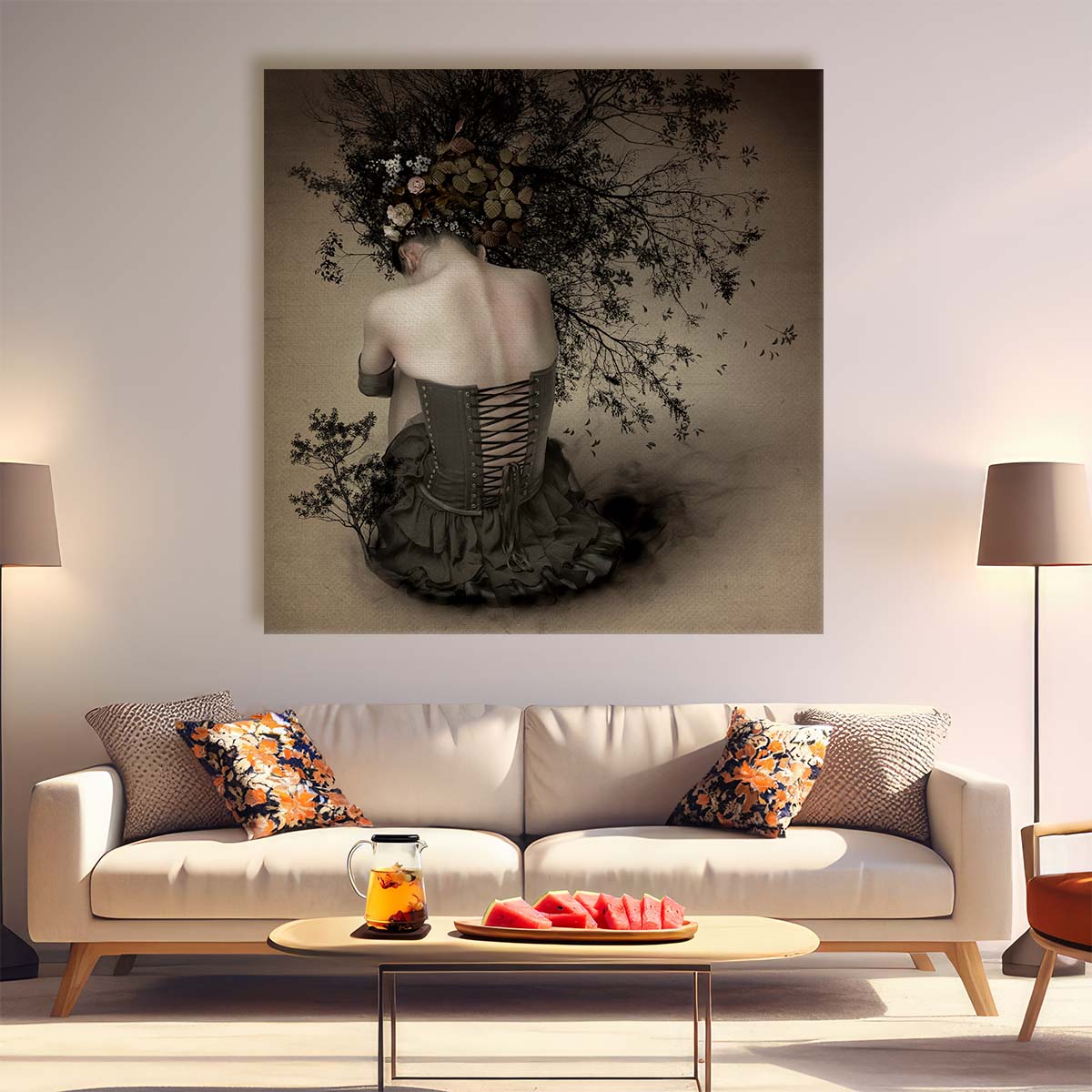 Enigmatic Woman in Blossom A Surreal Floral Fantasy Wall Art by Luxuriance Designs. Made in USA.