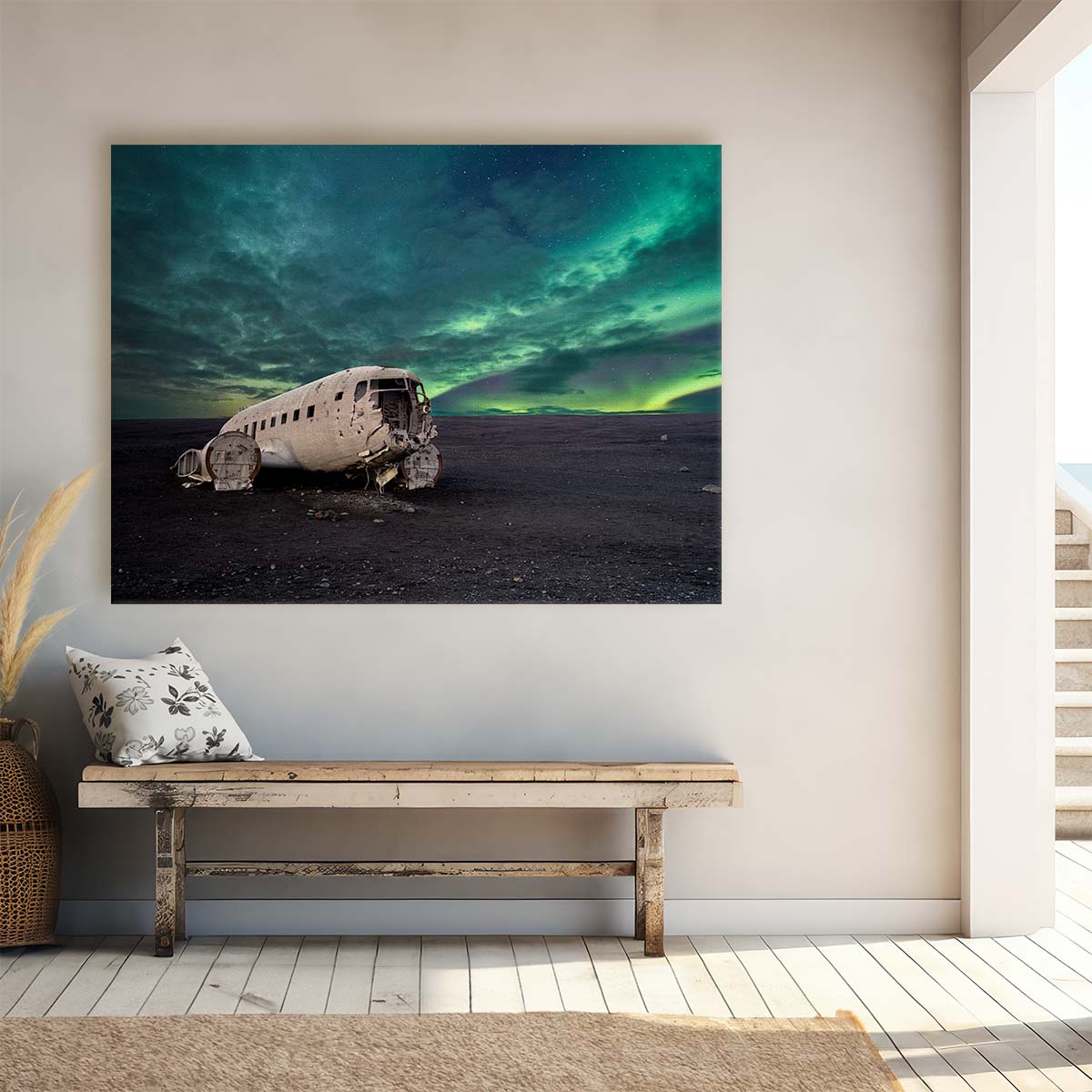 Aurora Borealis & Abandoned DC-3 Wreck in Iceland Wall Art