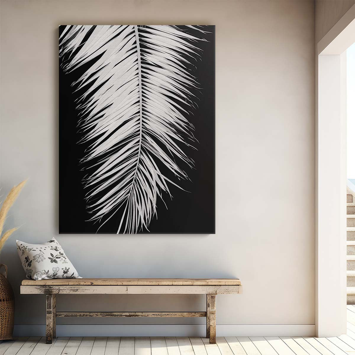 Monochrome Palm Leaf Still Life Photography on Black Background by Luxuriance Designs, made in USA