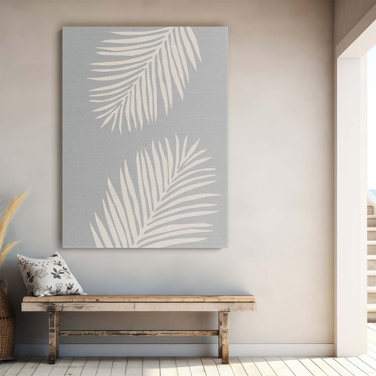 Botanical Palm Leaves Illustration Art with Beige, Grey Abstract Background by Luxuriance Designs, made in USA
