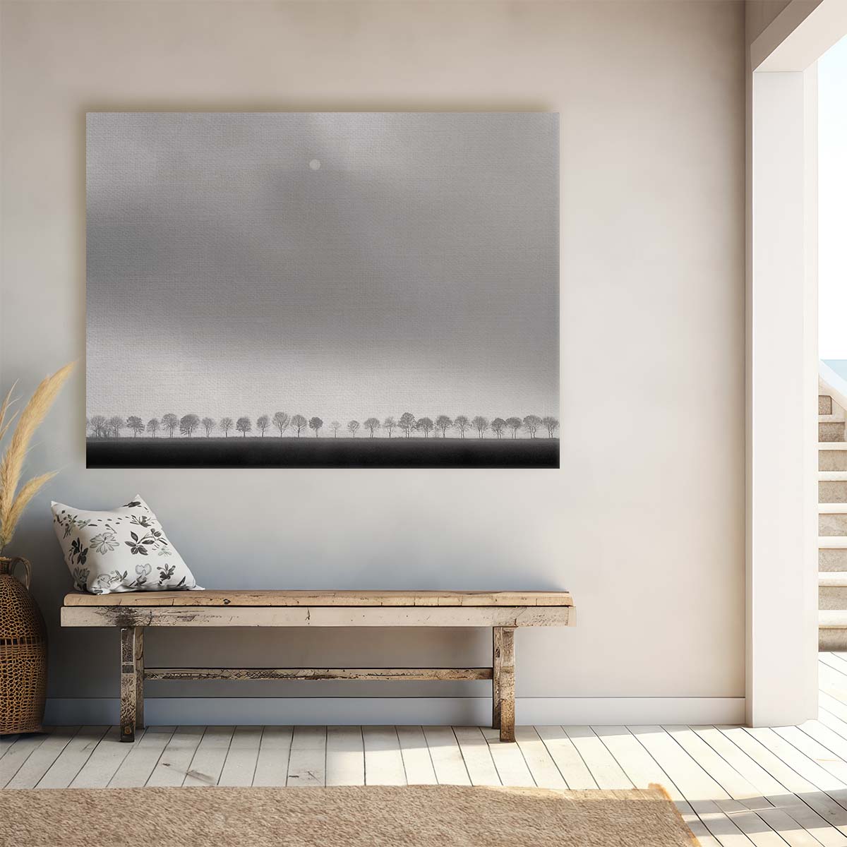 Moonlit Monochrome Tree Panorama Dutch Landscape Wall Art by Luxuriance Designs. Made in USA.