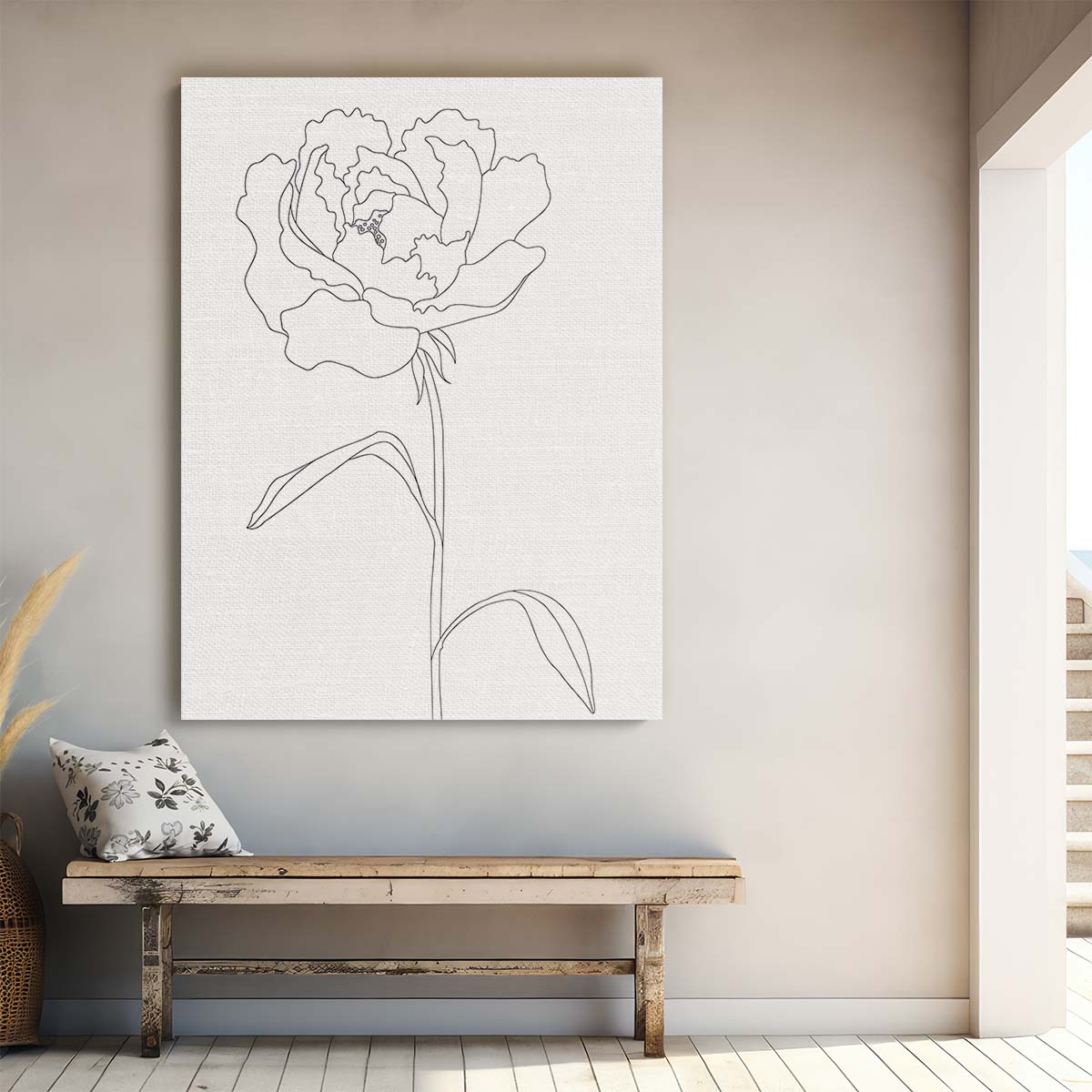 Minimalist Peony Illustration Line Art - Black and White Botanical Sketch by Luxuriance Designs, made in USA