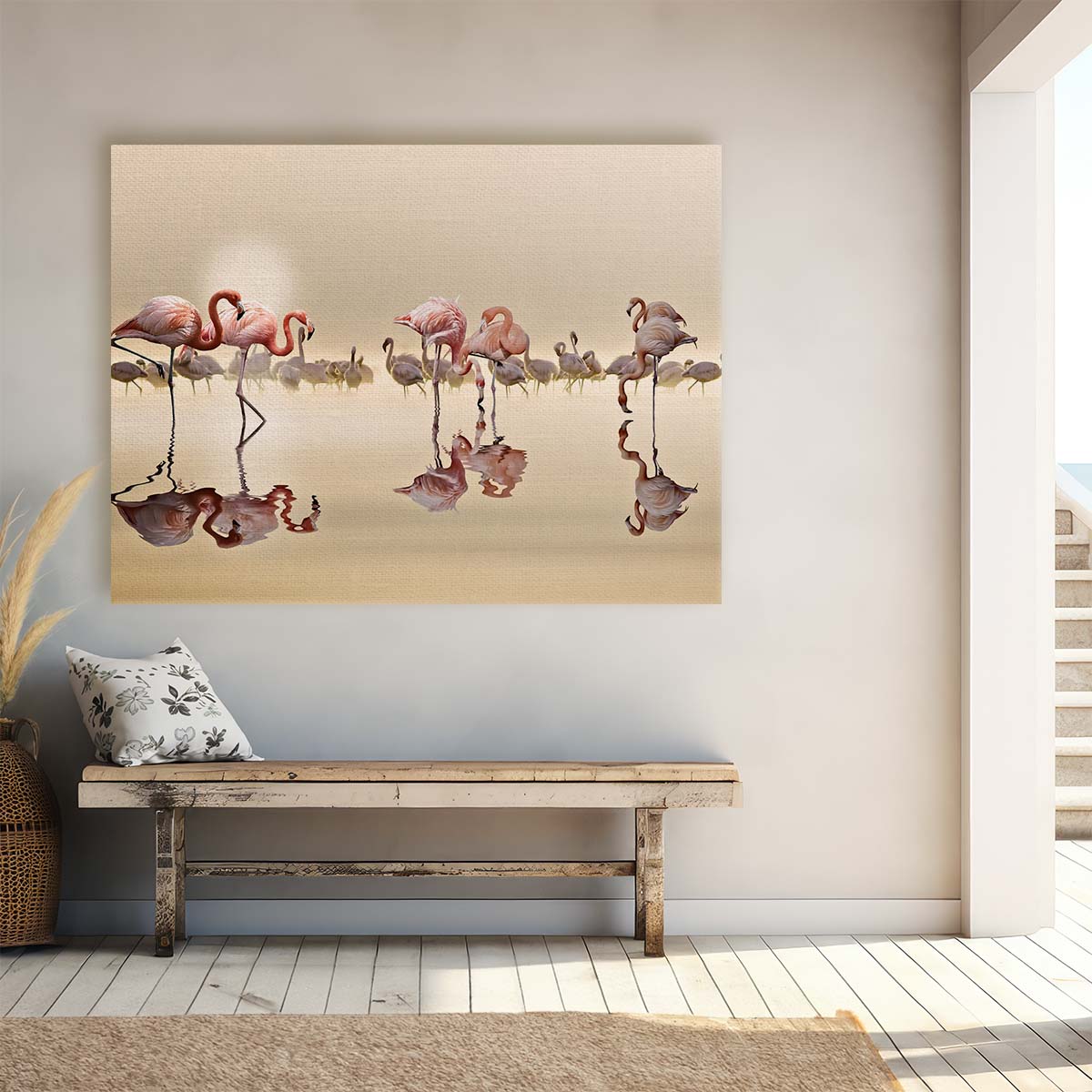 Romantic Pink Flamingo Pair in Golden Light Wall Art by Luxuriance Designs. Made in USA.