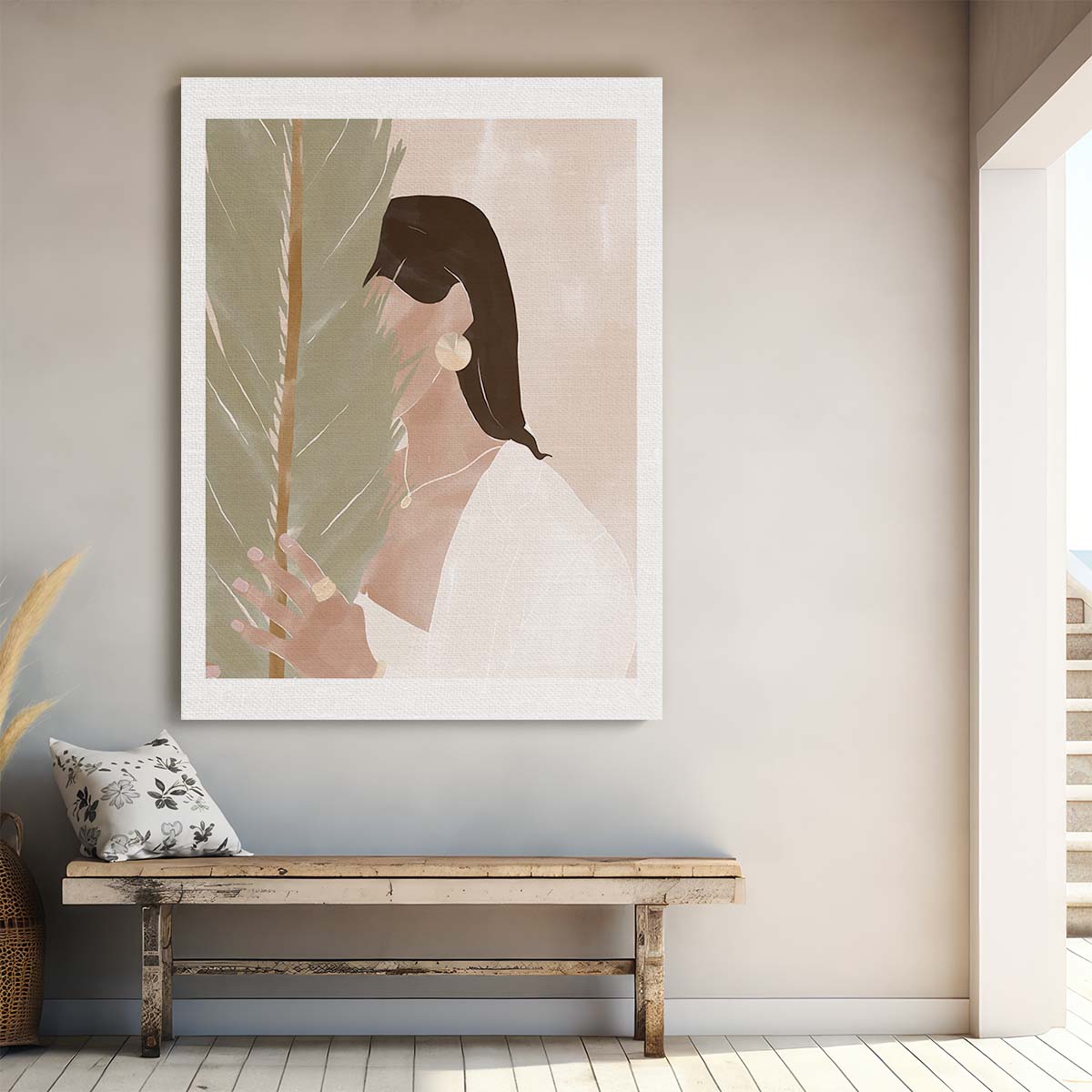 Botanical Boho Girl Portrait, Brunette with Plant Illustration Artwork by Luxuriance Designs, made in USA