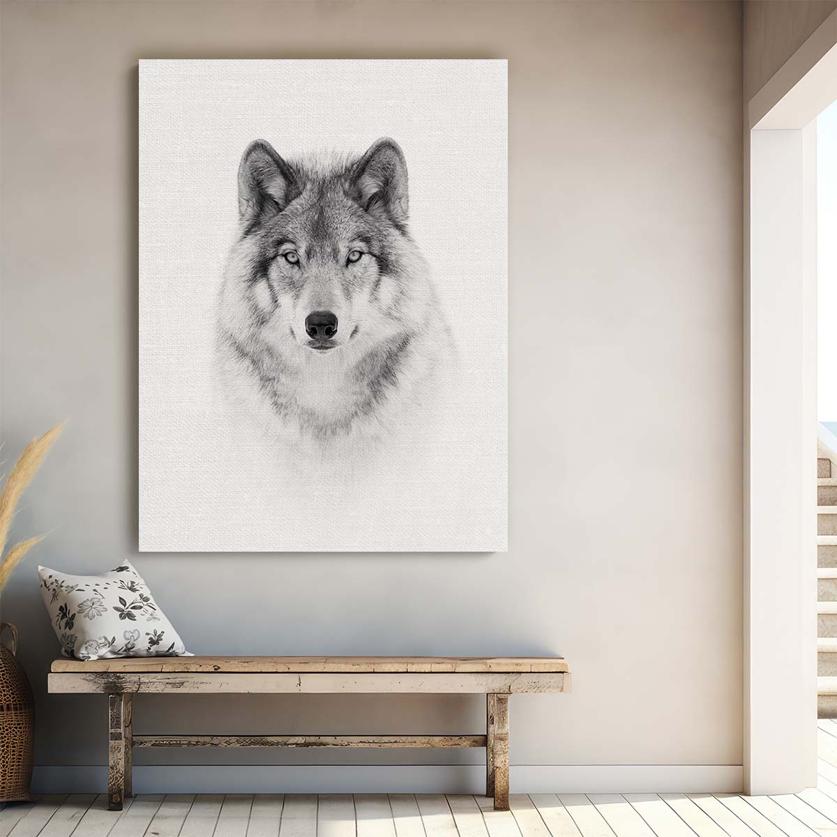 Serene Monochrome Timber Wolf Portrait Photography by Luxuriance Designs, made in USA