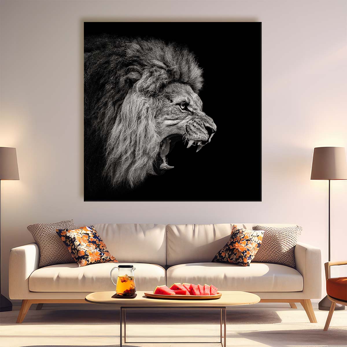 Dark Monochrome Roaring Lion The Angry Predator Wall Art by Luxuriance Designs. Made in USA.