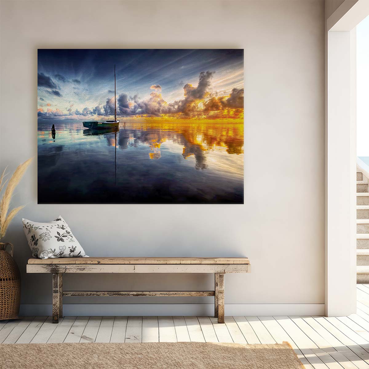 Golden Sunrise Sailboat Reflection Kaneohe Bay Wall Art by Luxuriance Designs. Made in USA.