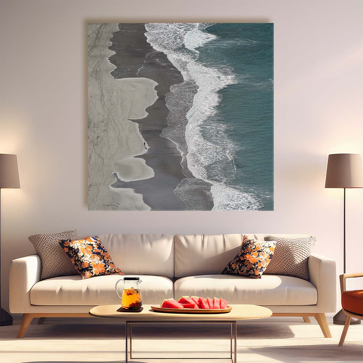 Aerial View of Kvalvika Beach Norway Seascape Running Path Photography Wall Art by Luxuriance Designs. Made in USA.