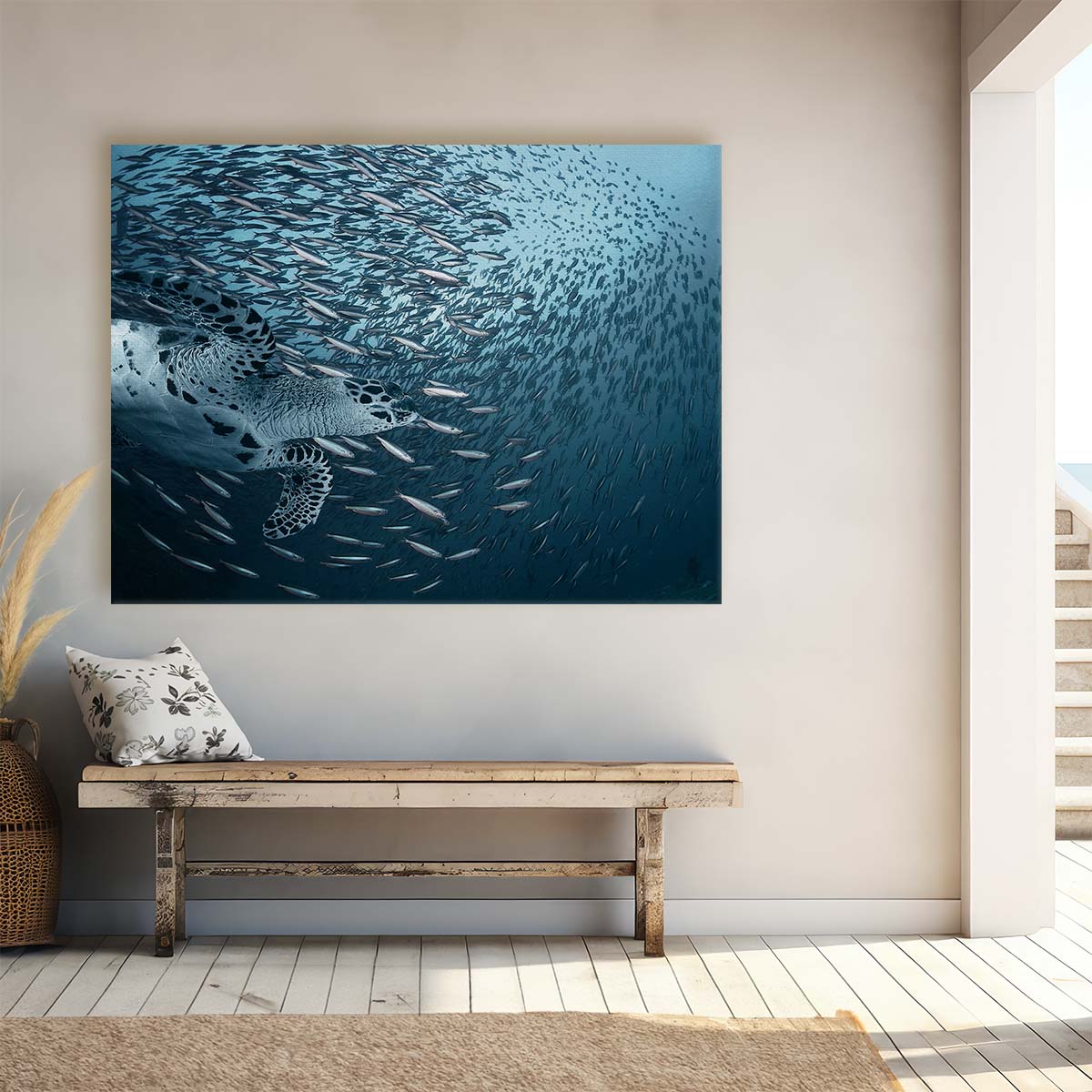 Similan Islands Sea Turtle & Sardine Shoal Wall Art by Luxuriance Designs. Made in USA.