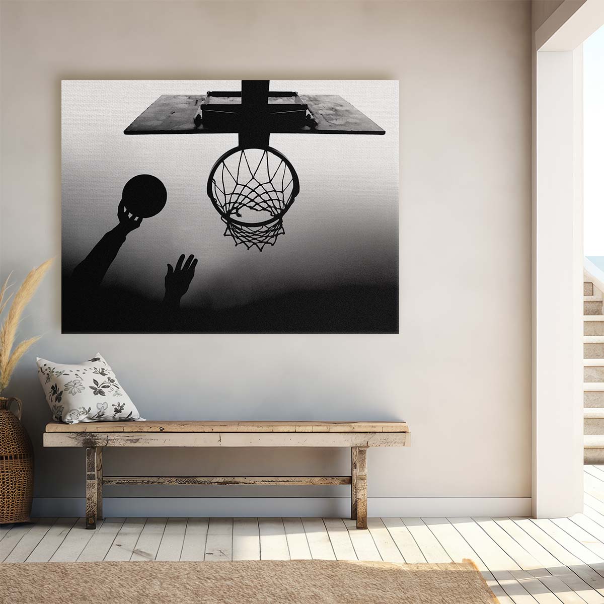 Dynamic Basketball Dunk Minimalist Black & White Wall Art by Luxuriance Designs. Made in USA.