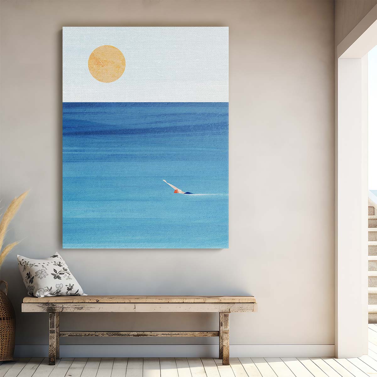 Tranquil Seascape Swimmer Illustration Art by Longwayhome by Luxuriance Designs, made in USA