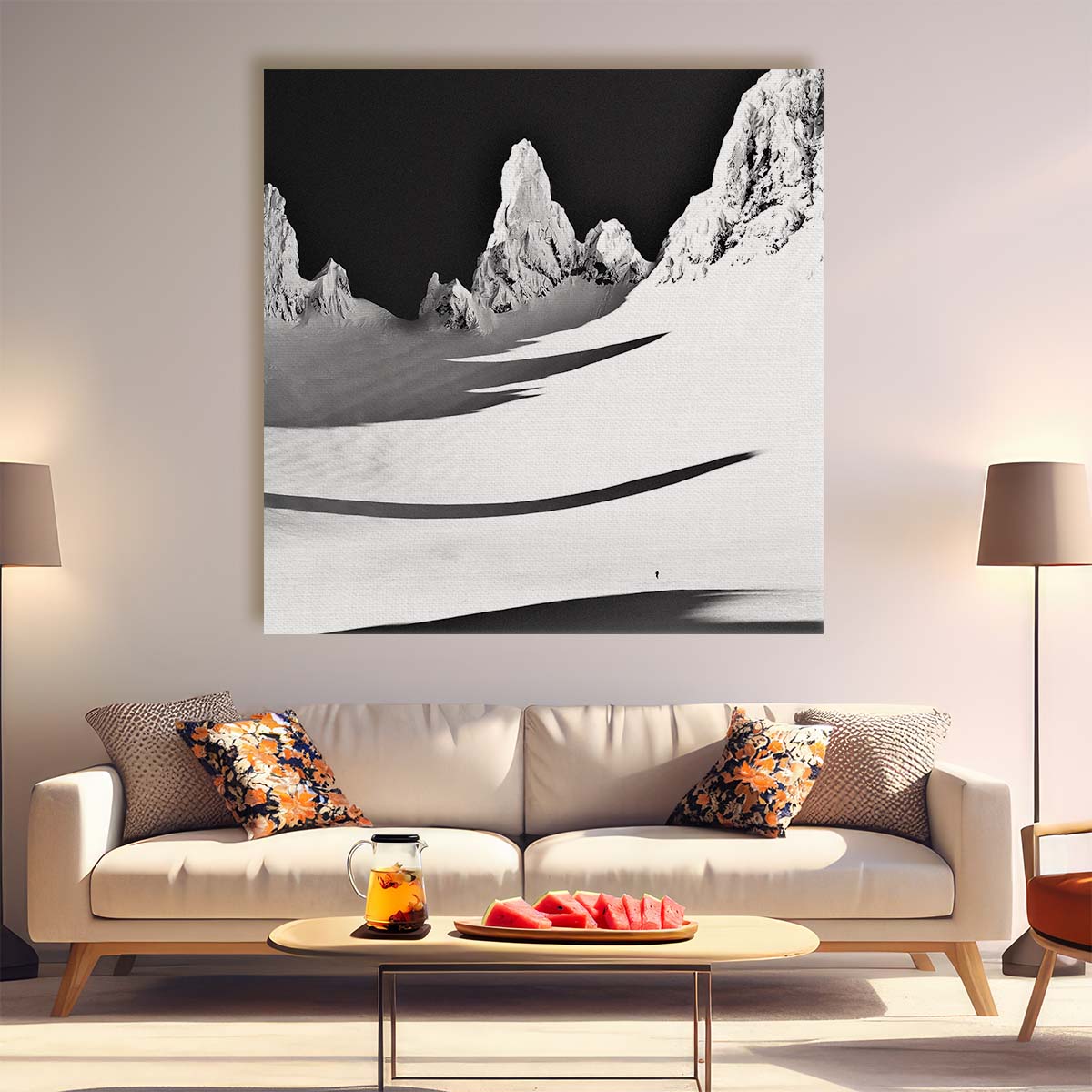Monochrome Skier's Adventure in Snowy Mountain Landscape Wall Art by Luxuriance Designs. Made in USA.