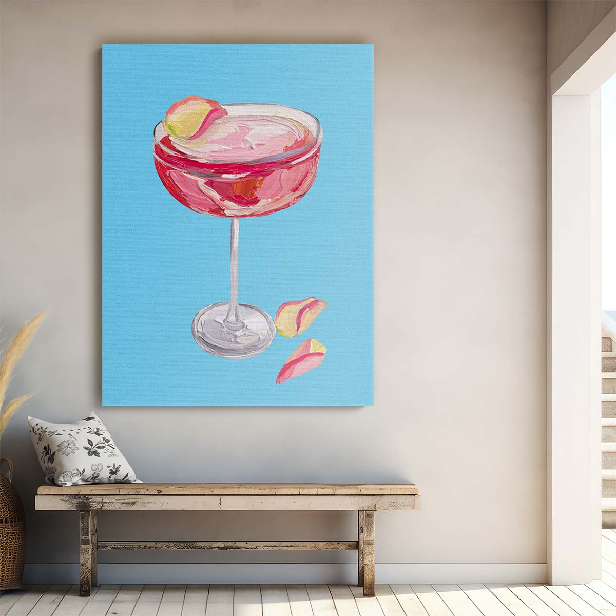 Colorful Painted Illustration of Sparkling Rose Gin Cocktail Wall Art by Luxuriance Designs, made in USA
