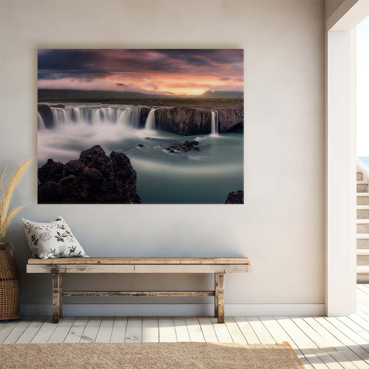 Icelandic Godafoss Waterfall Sunset Panorama - Majestic Landscape Photography Wall Art