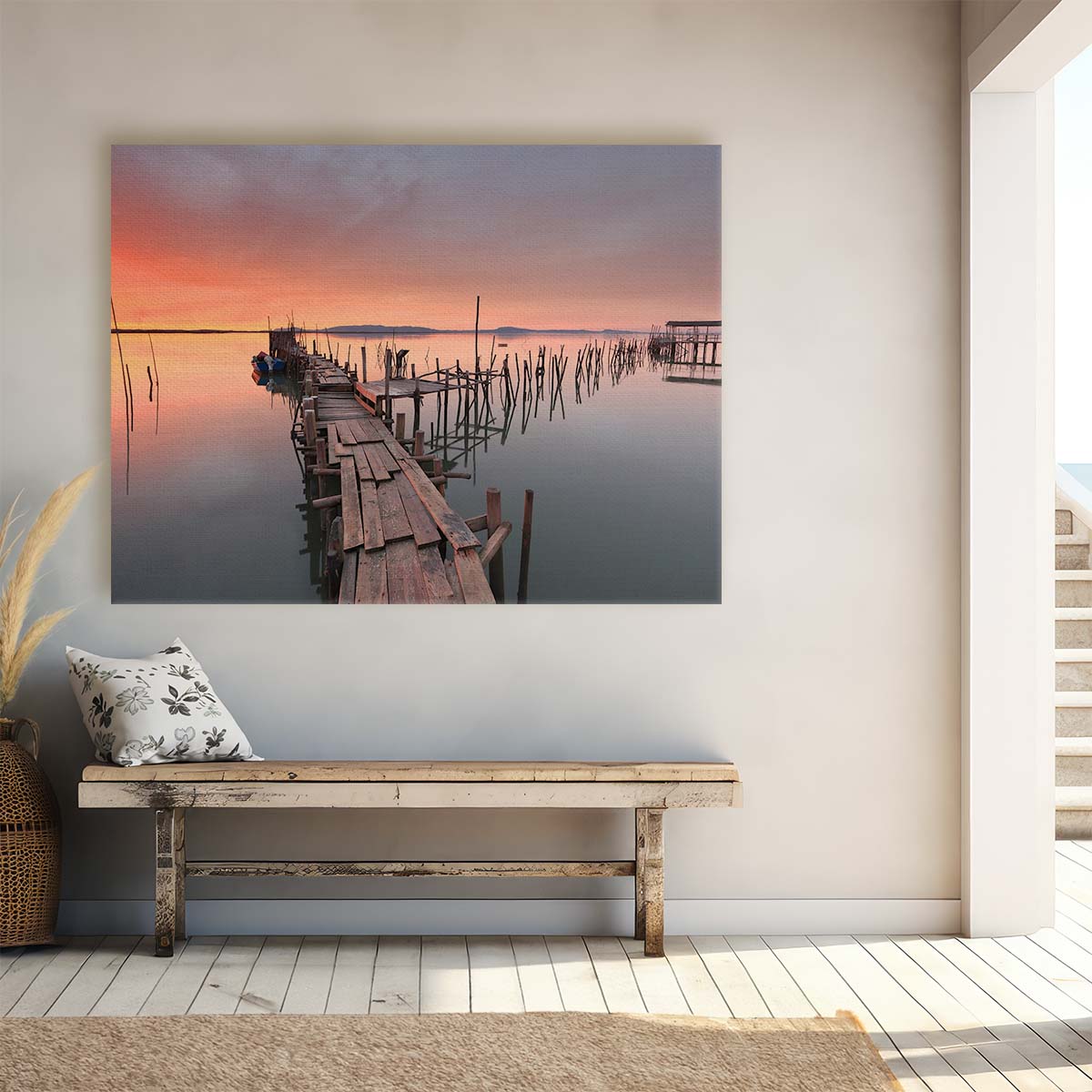 Carrasqueira Pier Serene Sunset Seascape Wall Art by Luxuriance Designs. Made in USA.