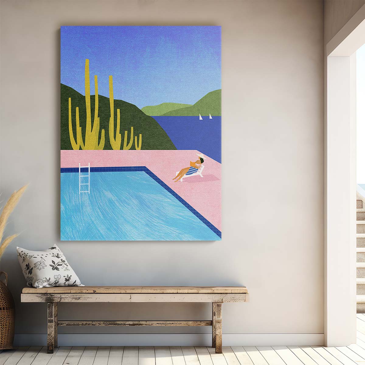 Ibiza Vacation Illustration Woman Chilling in Colorful Pool Landscape by Luxuriance Designs, made in USA