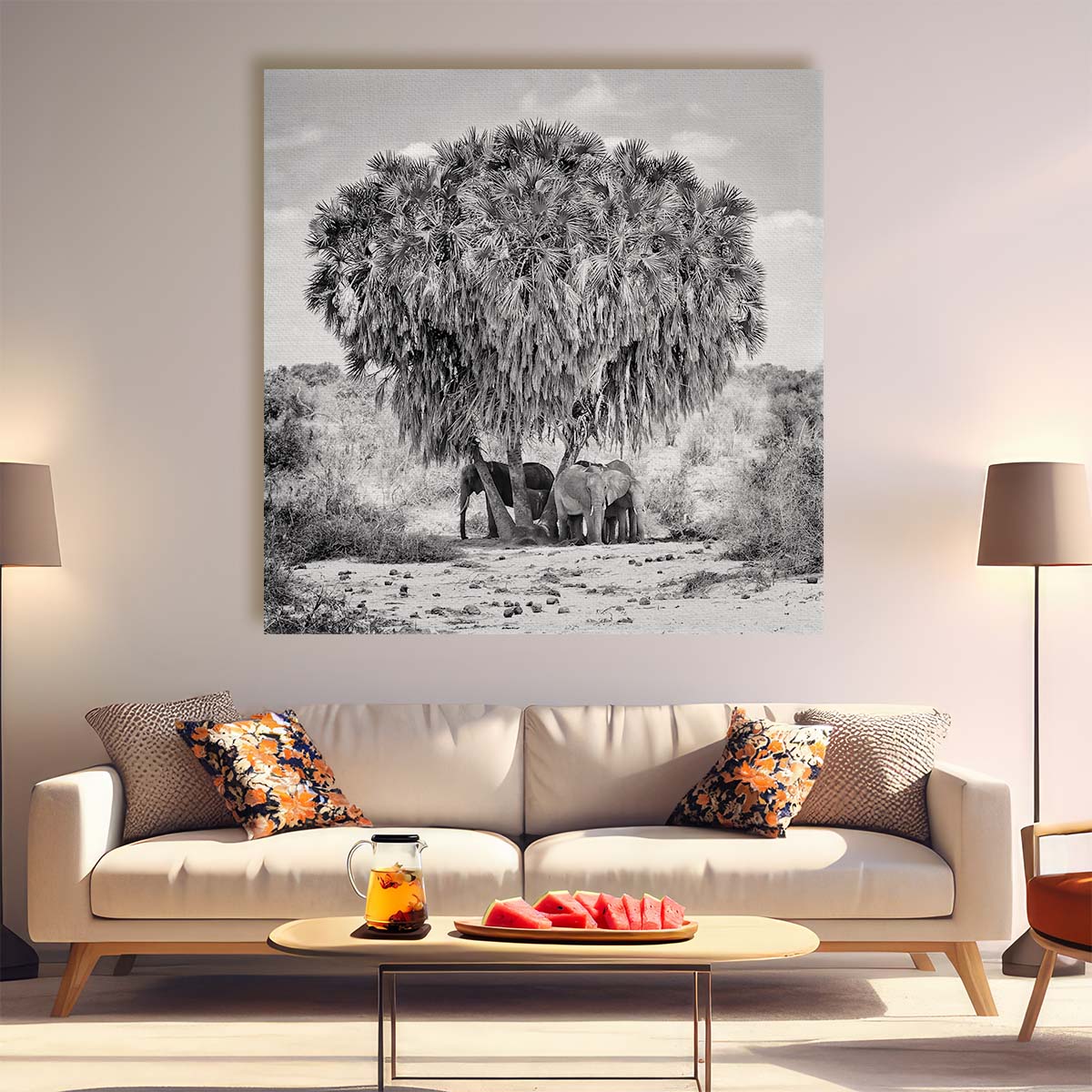 Monochrome Wildlife Photography Elephant Group Meeting in Tsavo, Kenya Wall Art by Luxuriance Designs. Made in USA.