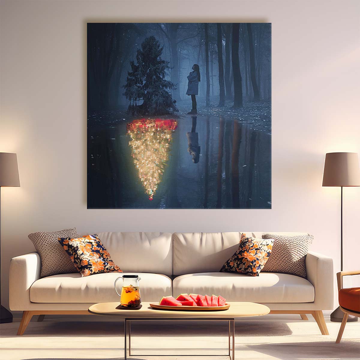 Enchanted Winter Wonderland Snowy Forest Dream Reflection Photography Wall Art by Luxuriance Designs. Made in USA.