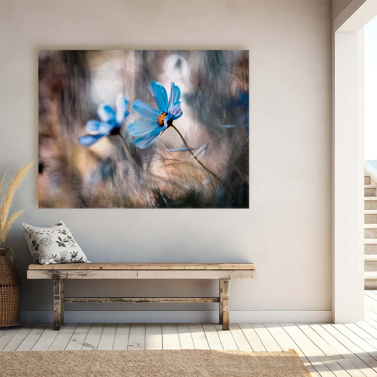 Blue Cosmos Flower Duo Macro Bokeh Wall Art by Luxuriance Designs. Made in USA.