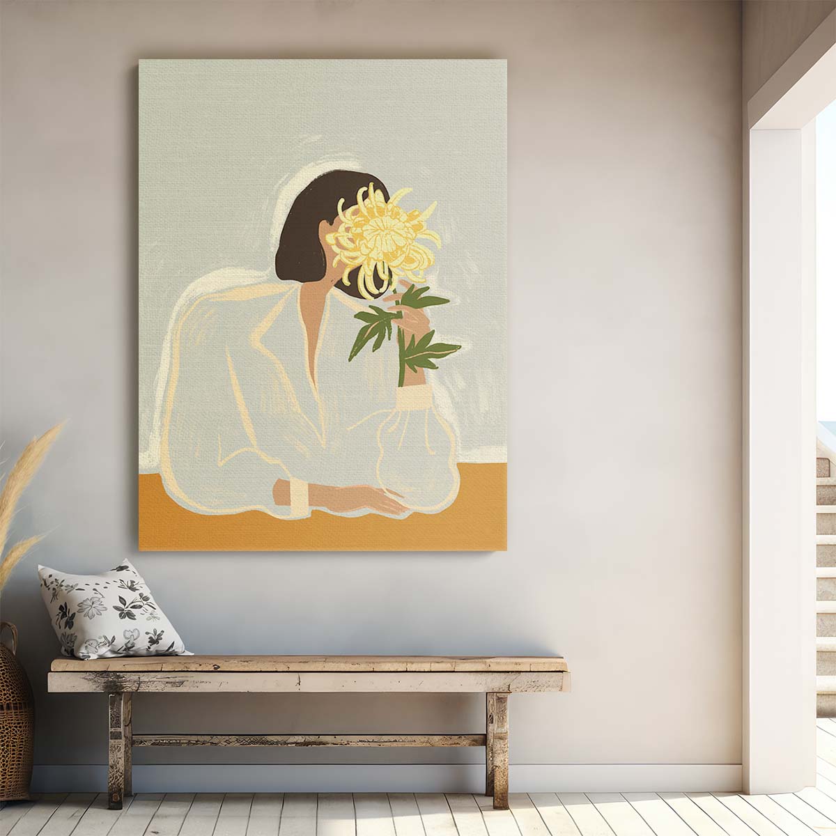 Pastel Colored Woman Sitting with Yellow Chrysanthemum Illustration by Luxuriance Designs, made in USA