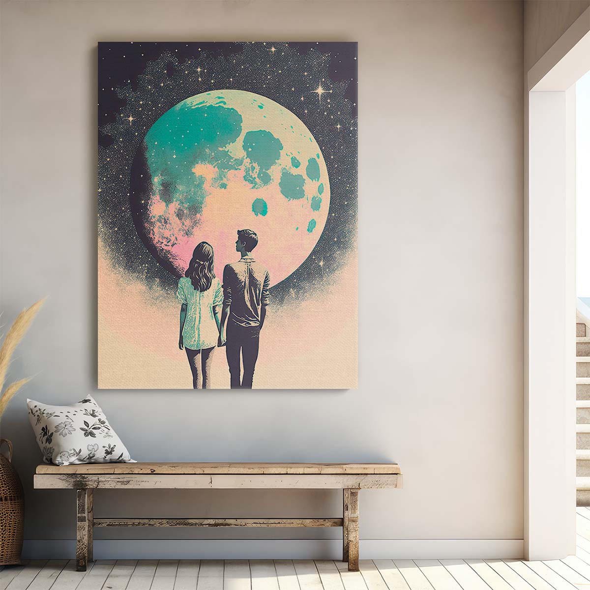 Pastel Moonlit Love Illustration Starry Night Couple Wall Art by Luxuriance Designs, made in USA