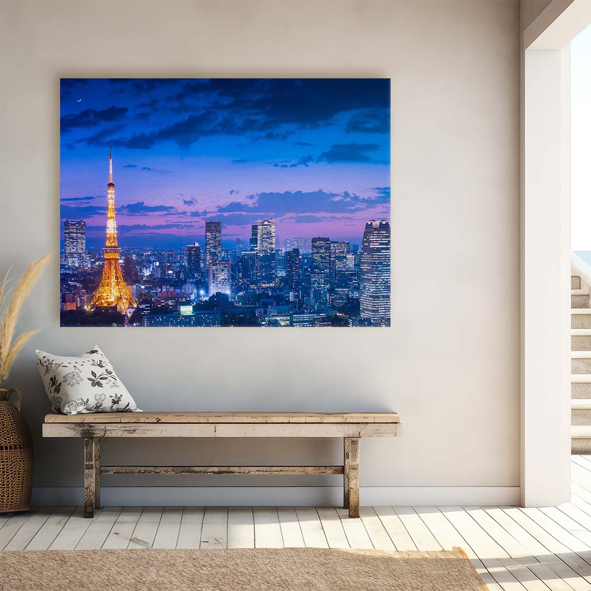 Tokyo Tower Golden Twilight Cityscape Wall Art by Luxuriance Designs. Made in USA.