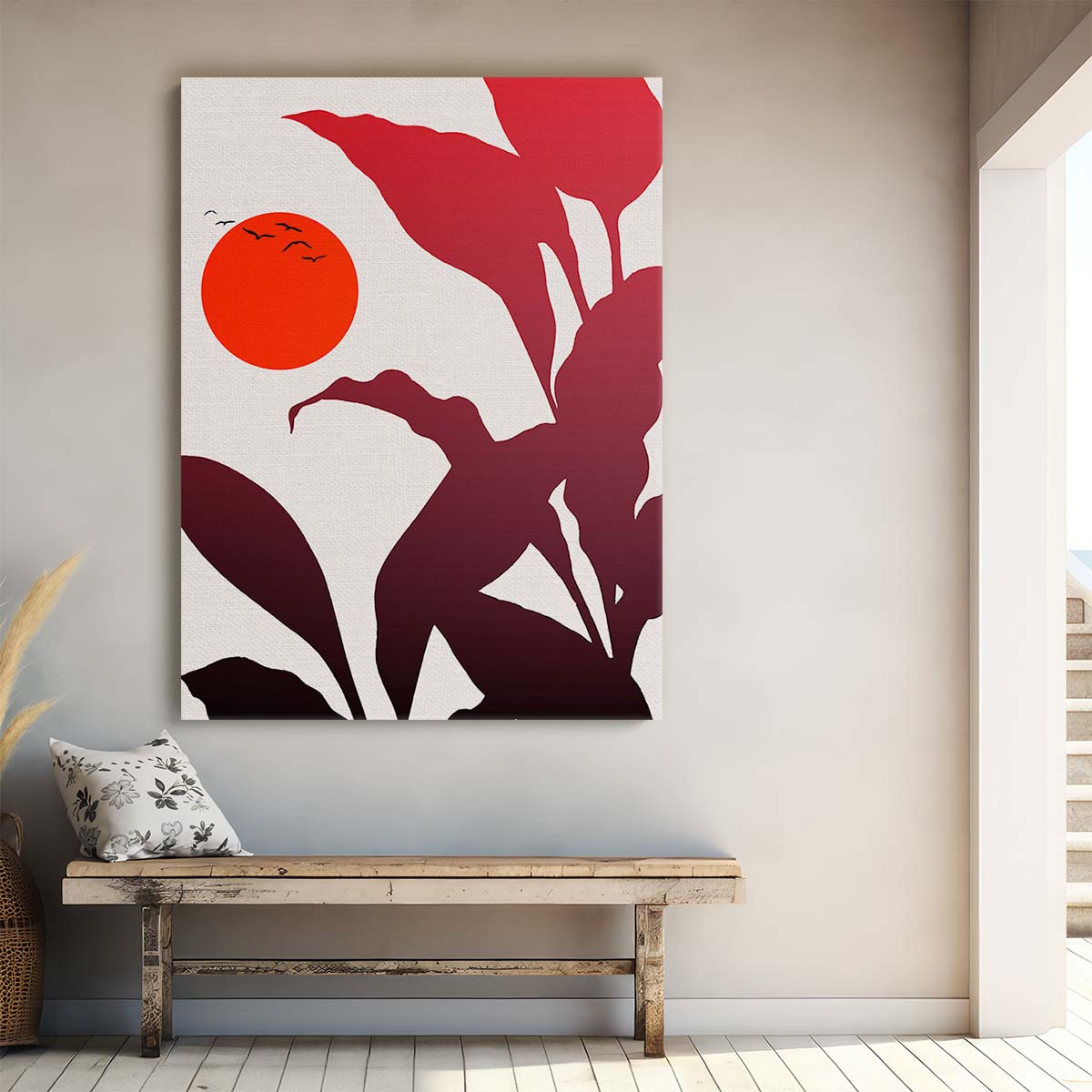 Exotic Tropical Sunset Illustration with Birds and Botanical Elements by Luxuriance Designs, made in USA