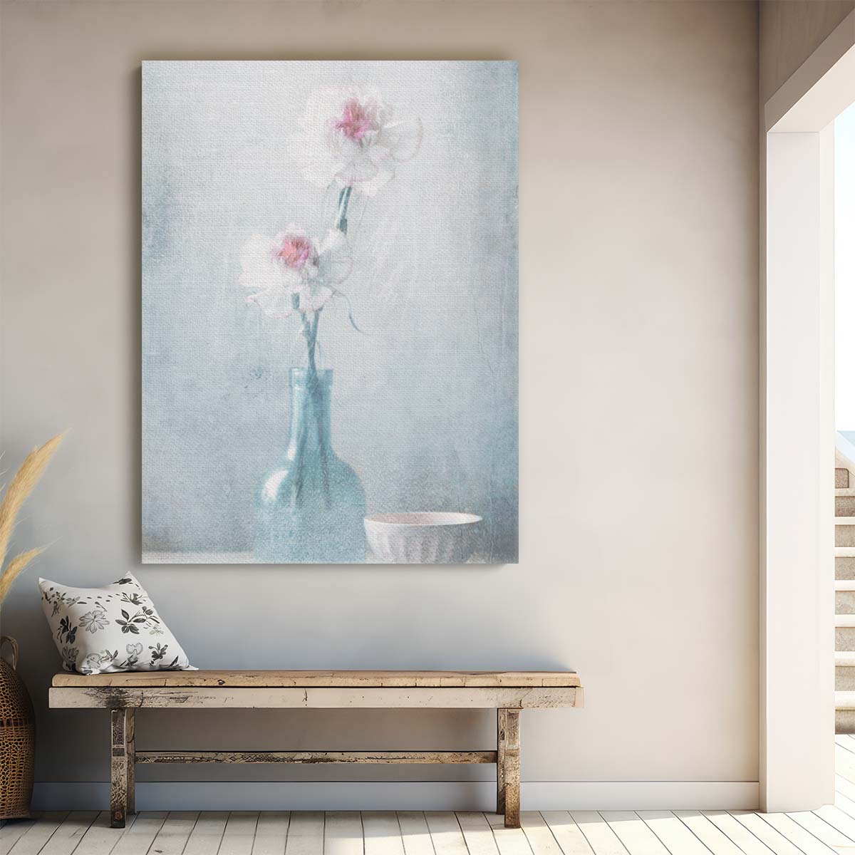 Painterly Floral Still Life Photography Grainy Blue Vase with Pink Flowers by Luxuriance Designs, made in USA