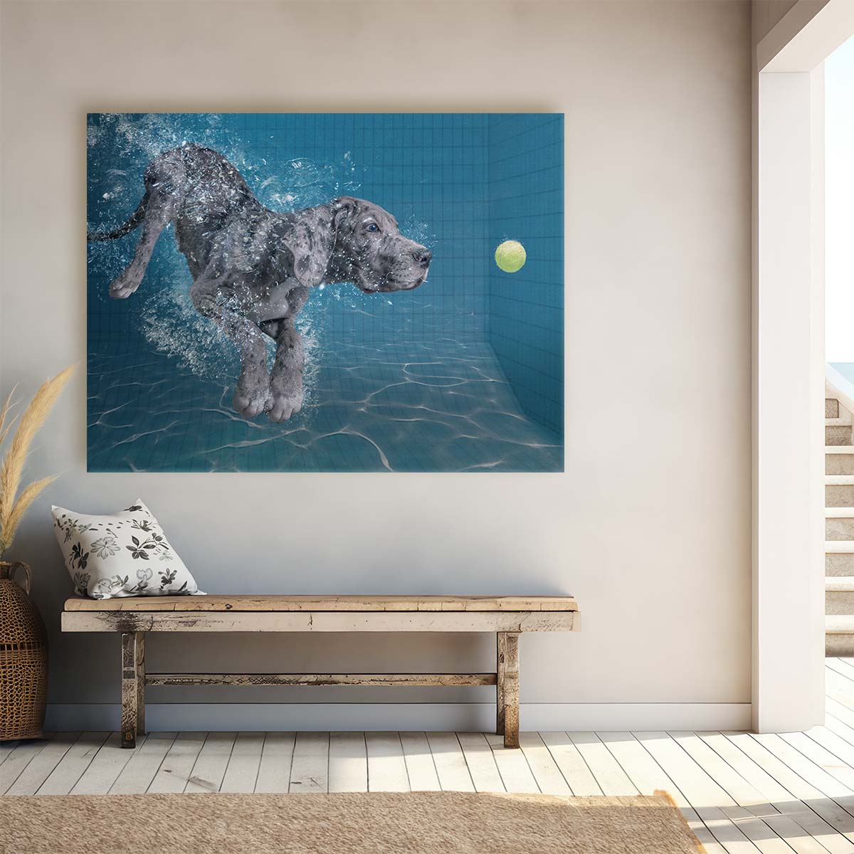 Underwater Dog Chasing Tennis Ball - Humorous Pet Photography Wall Art