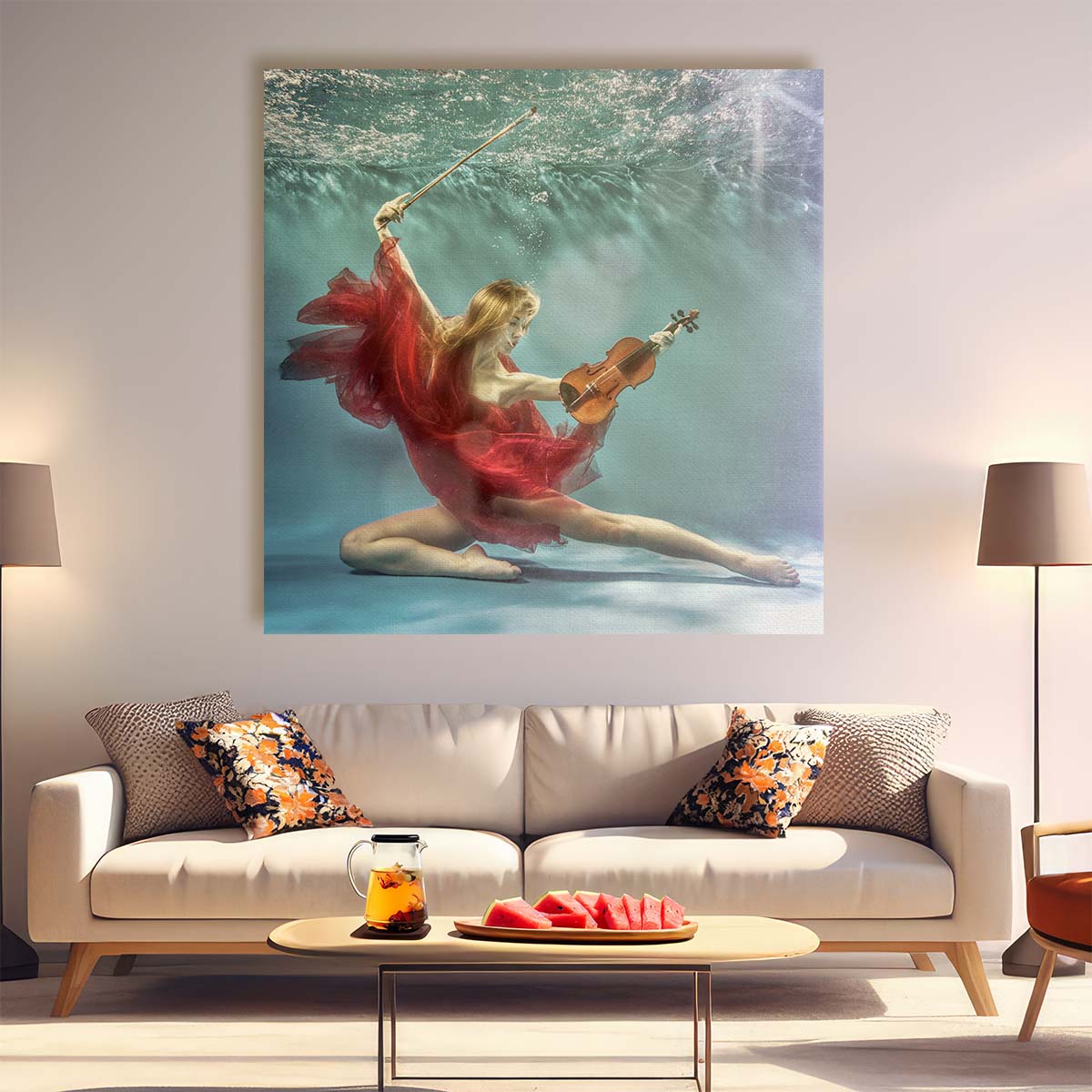 Enchanting Underwater Violinist Performance Romantic Art Photography Wall Art by Luxuriance Designs. Made in USA.