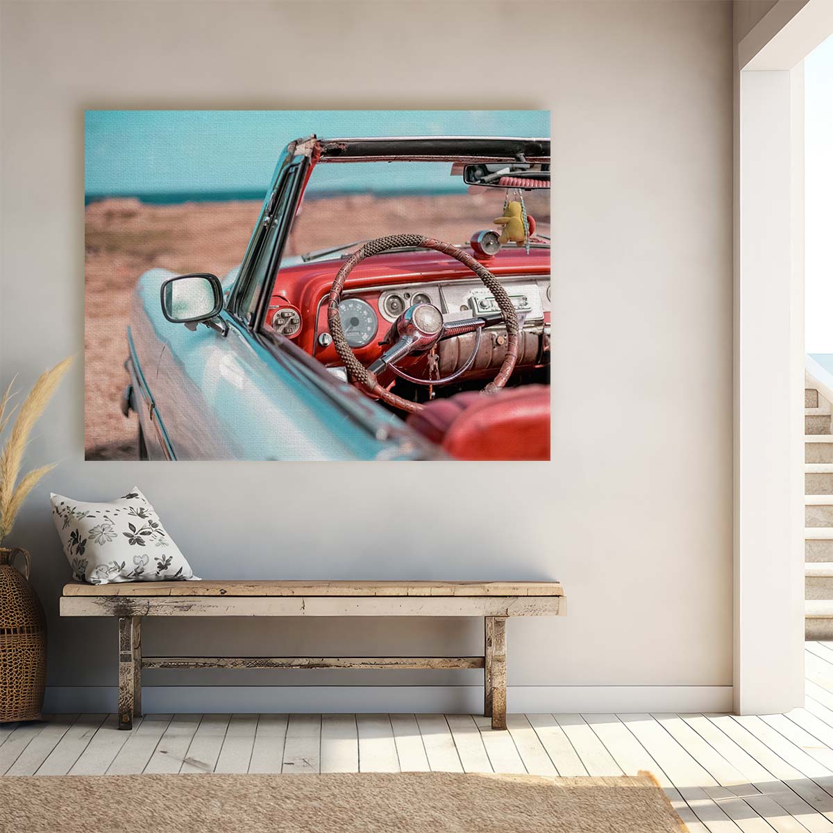 Classic Red Cuban Convertible Vintage Havana Street Wall Art by Luxuriance Designs. Made in USA.
