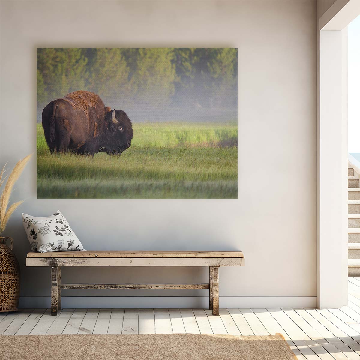 Misty Dawn Bison Sunrise Yellowstone Wall Art by Luxuriance Designs. Made in USA.