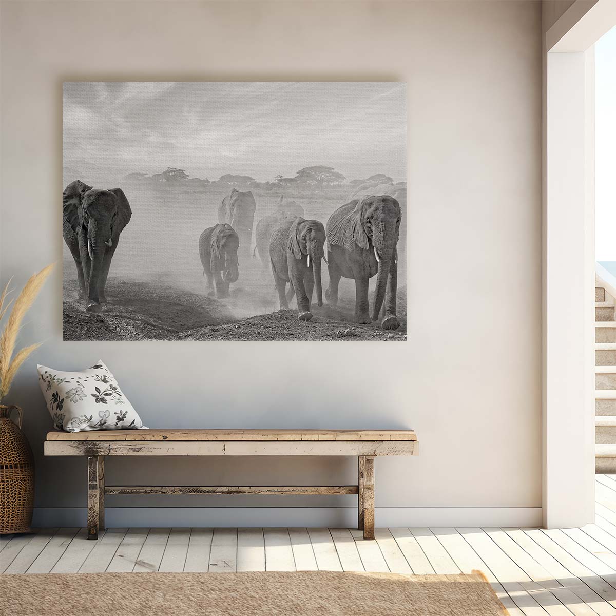 Elephant Herd in Amboseli Kenya Monochrome Wall Art by Luxuriance Designs. Made in USA.