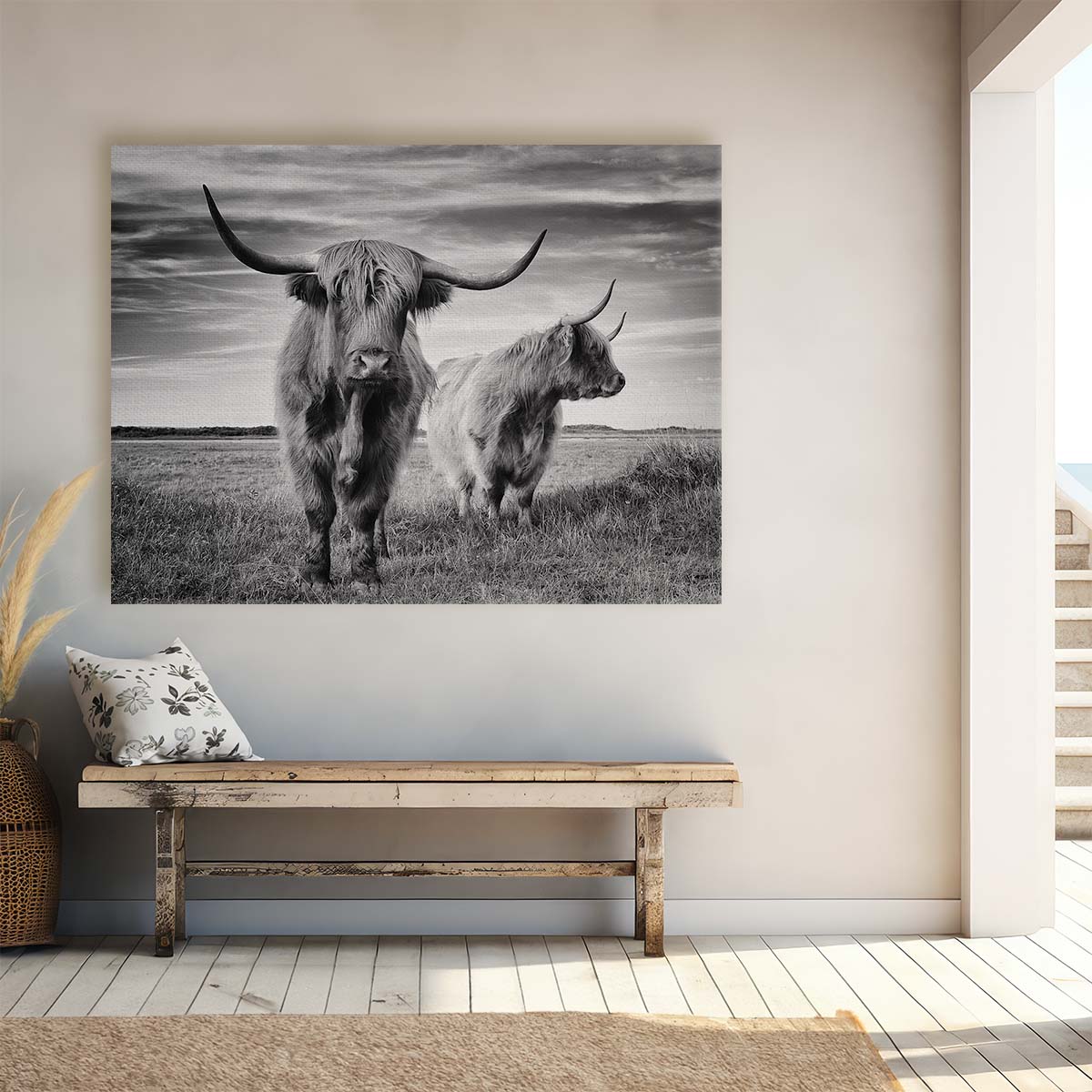 Highland Cattle in Monochrome Wildlife & Farm Landscape Wall Art