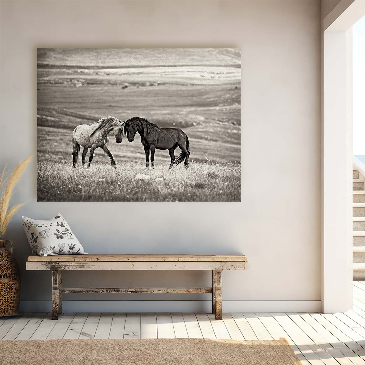 Romantic Horses Embrace in Sepia Landscape Wall Art by Luxuriance Designs. Made in USA.