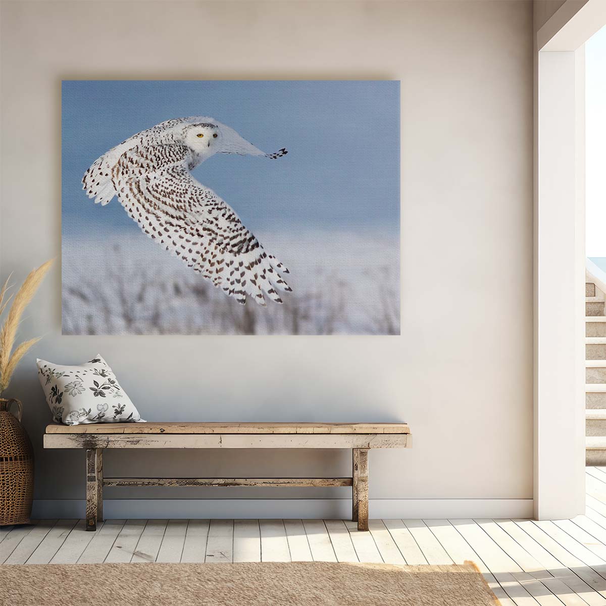 Frozen Winter Owl Flight Snowy Wildlife Wall Art by Luxuriance Designs. Made in USA.