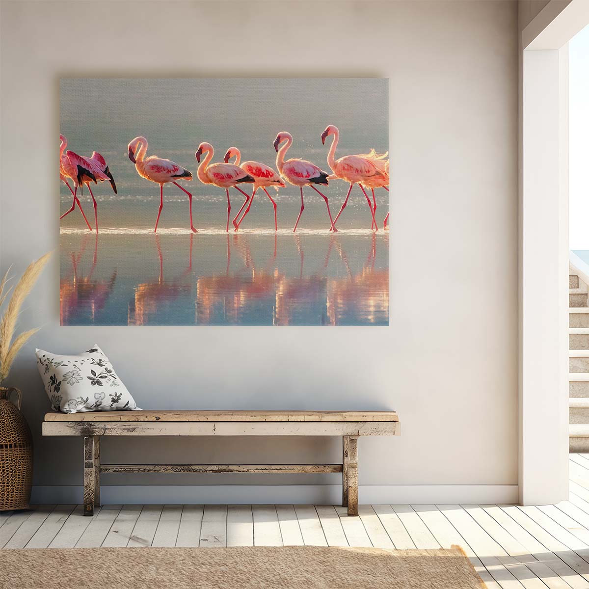 Romantic Flamingo Flock Reflection Wildlife Wall Art by Luxuriance Designs. Made in USA.