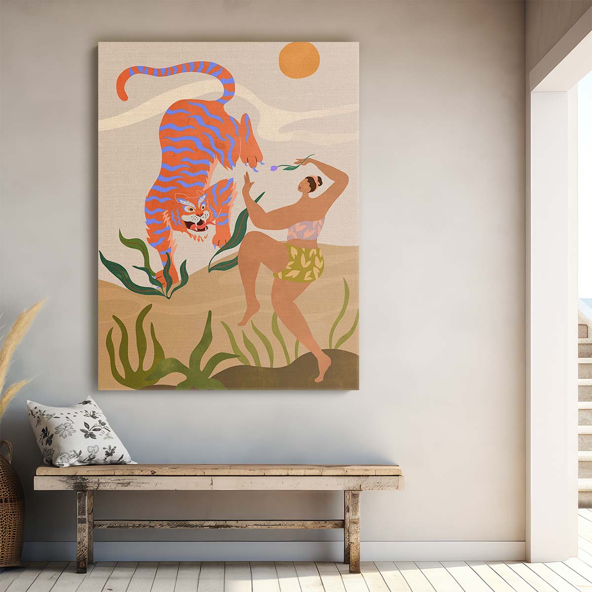 Colorful Dancing Woman with Tiger Illustration, Botanical Boho Art by Luxuriance Designs, made in USA