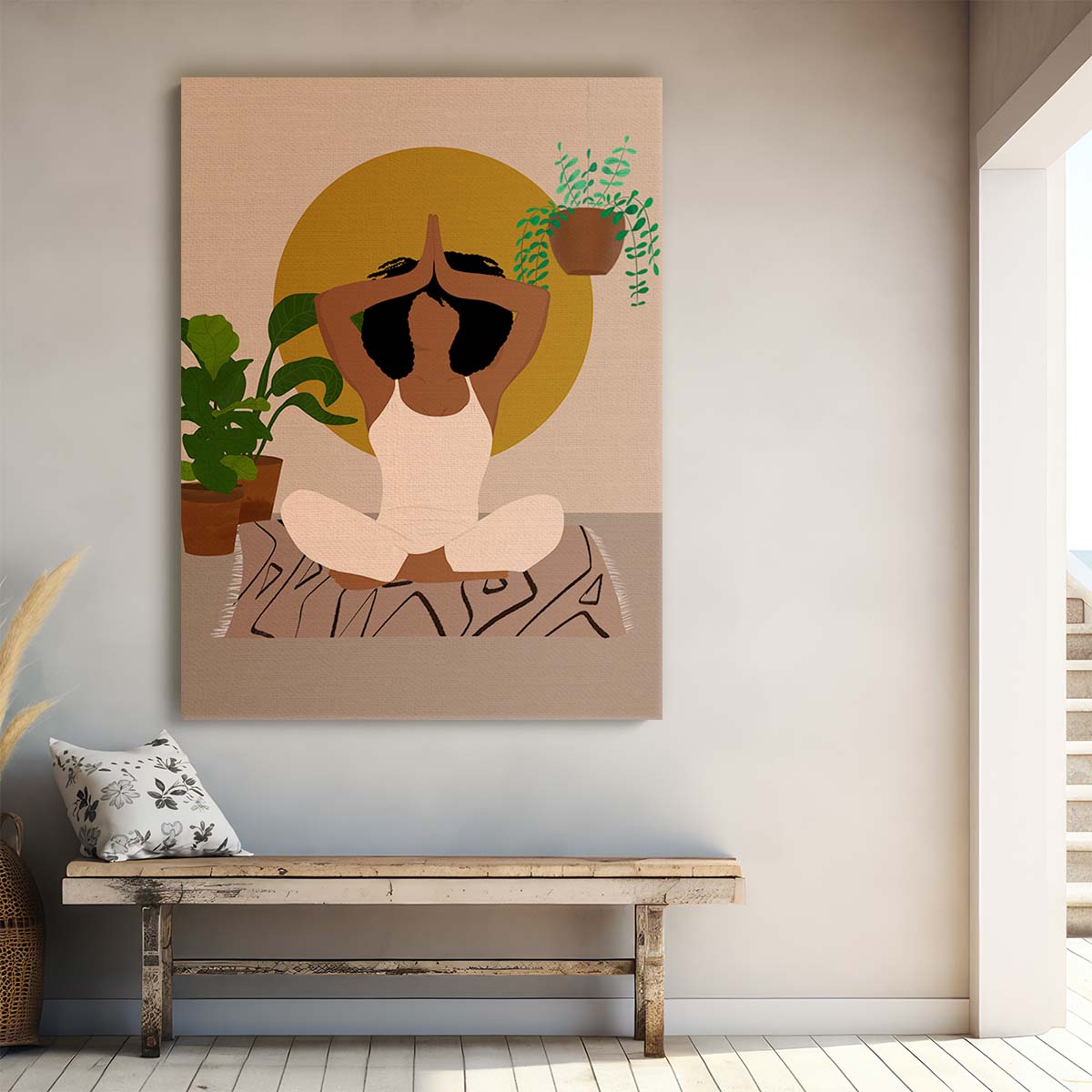 Spiritual Woman Meditating in Serene Botanical Zen Illustration Art by Luxuriance Designs, made in USA