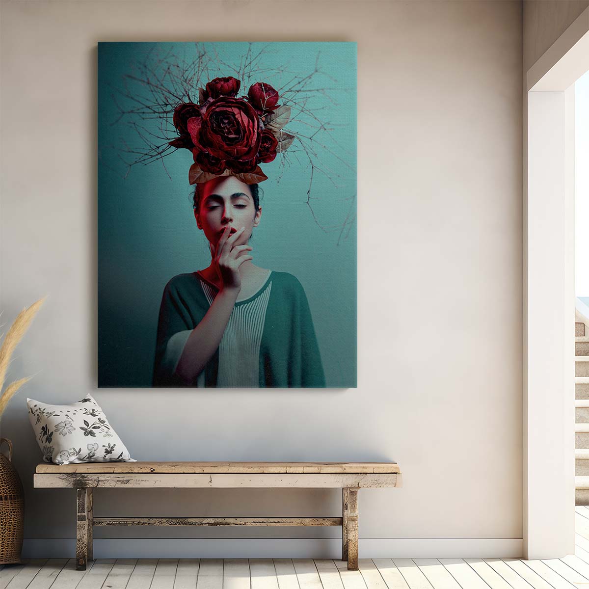 Romantic Floral Woman Portrait - Teal & Red Rose Botanical Photography by Luxuriance Designs, made in USA